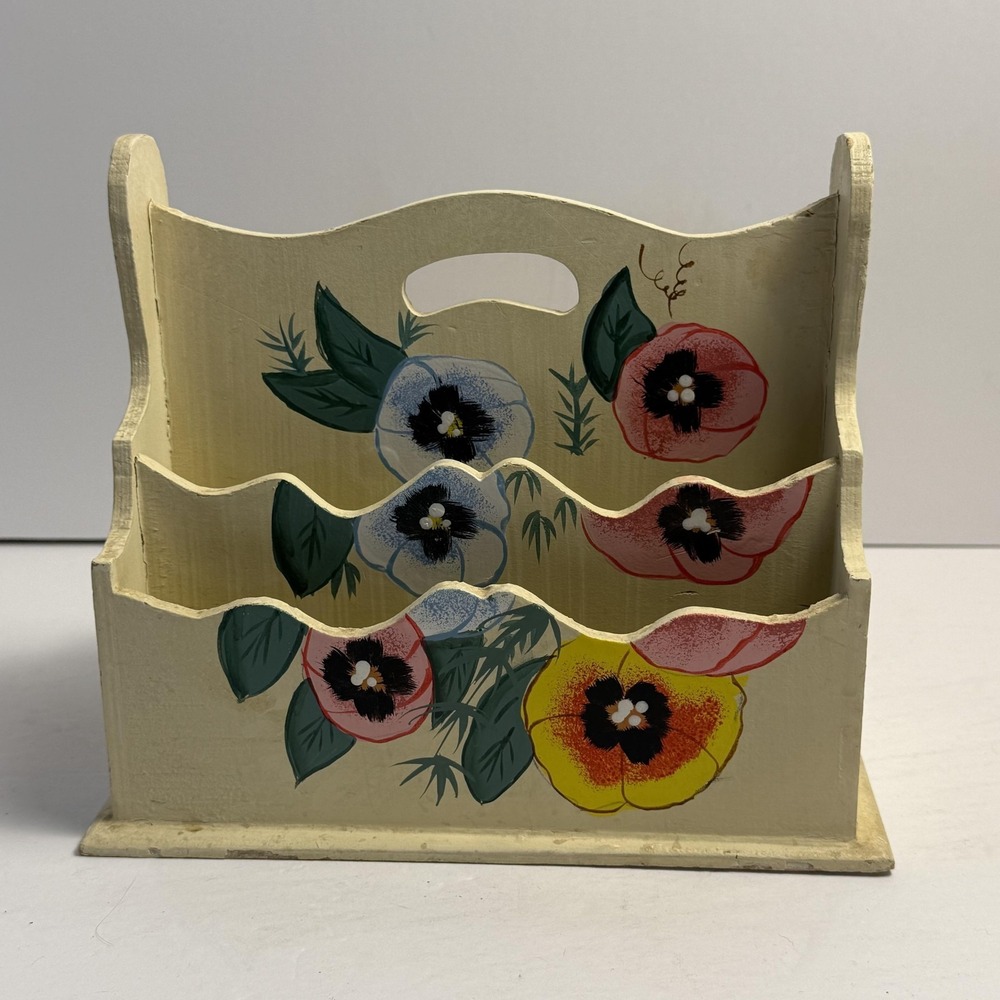 Hand Painted Wood Letter Holder Mail Organizer Floral Pansy Country Decor